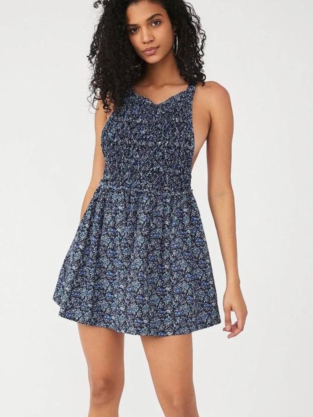 Free People Navy Blue Floral Smocked Mini Dress
